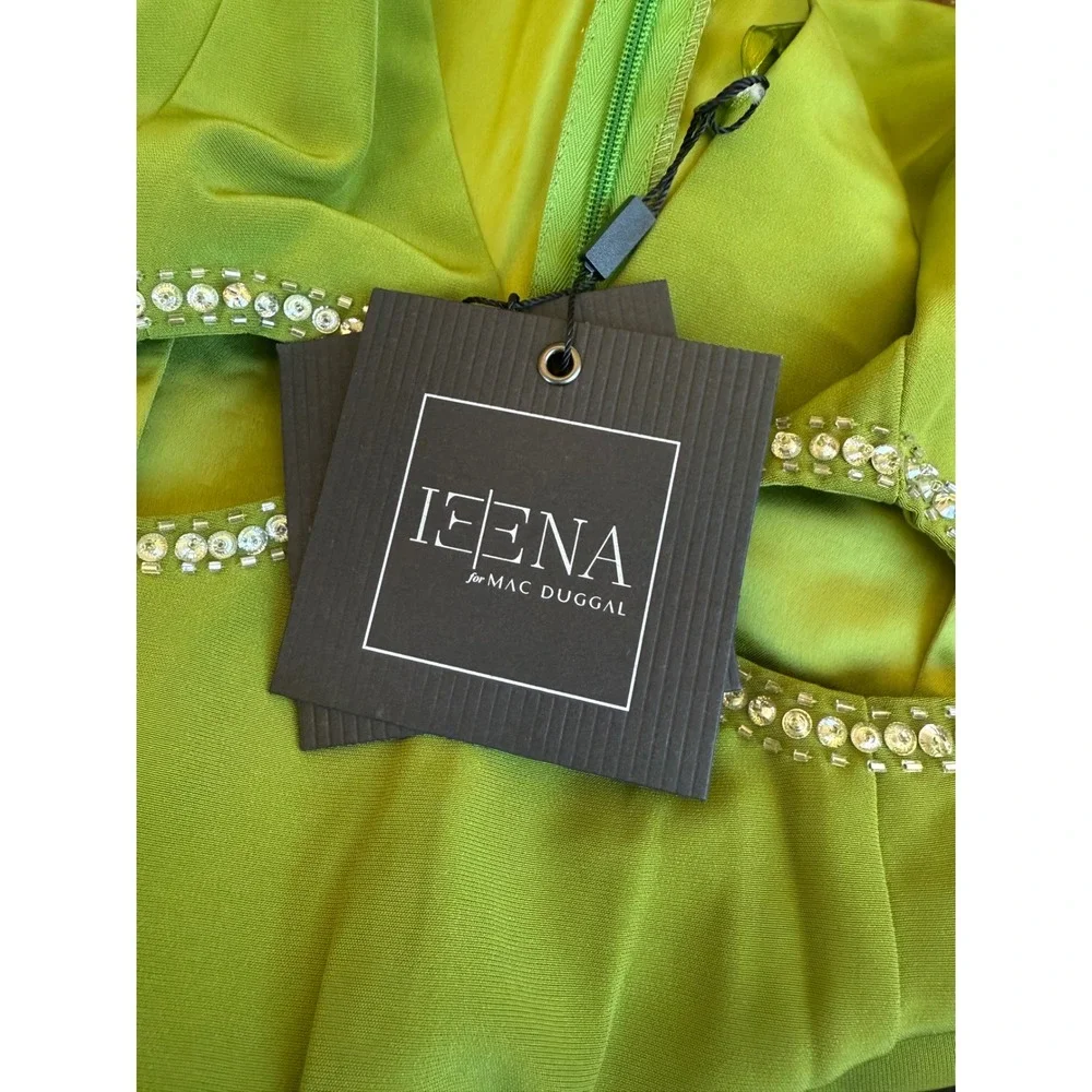 NWT Ieena Mac Duggal‎ Plunge Neck Puff Sleeve Cut Out Gown Green Apple 2630 Sz 4 - Picture 5 of 7